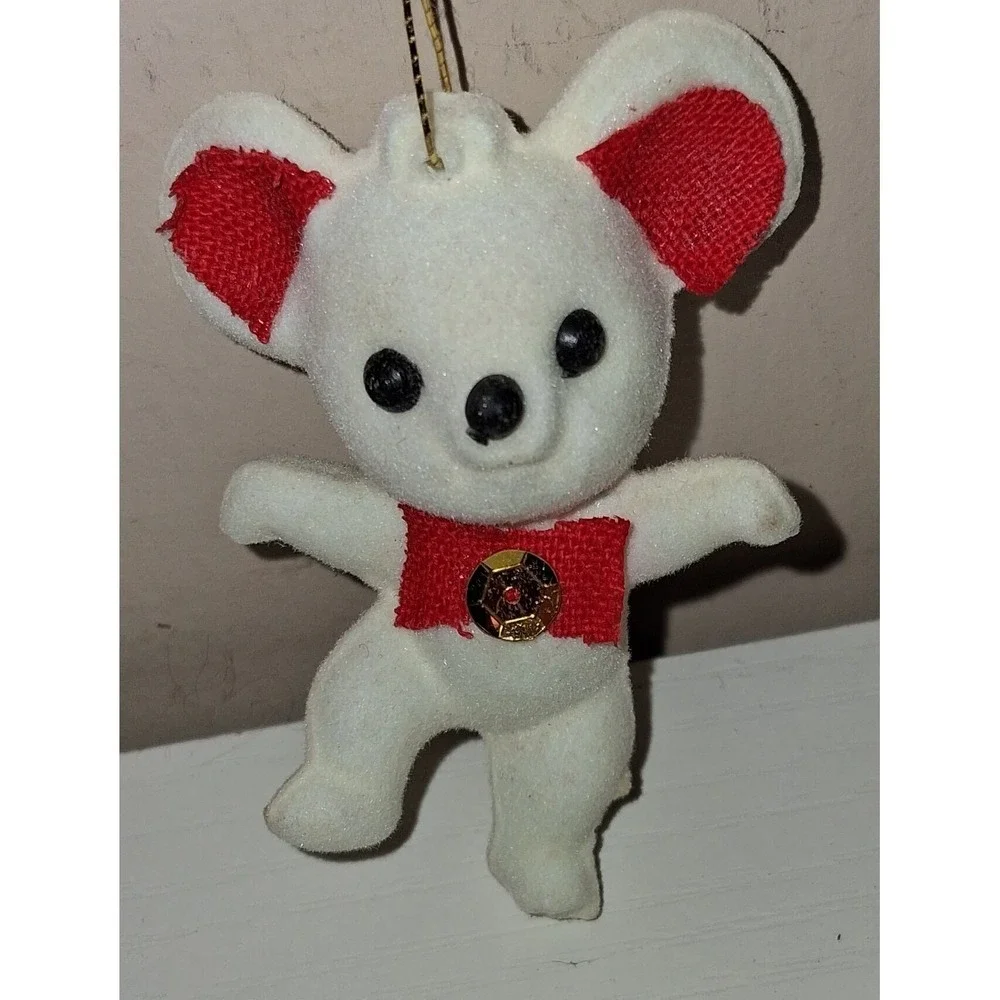 Vintage Flocked Mouse Ornament – Red Bow & Gold Star Accent – 2.5